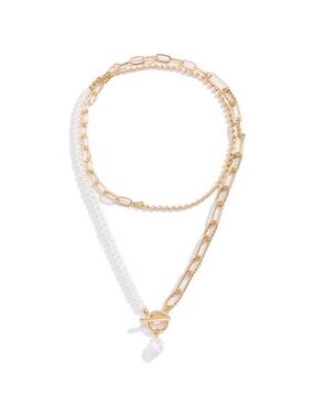 Gold and White Pearl Layered Toggle Necklace - Women Jewelry